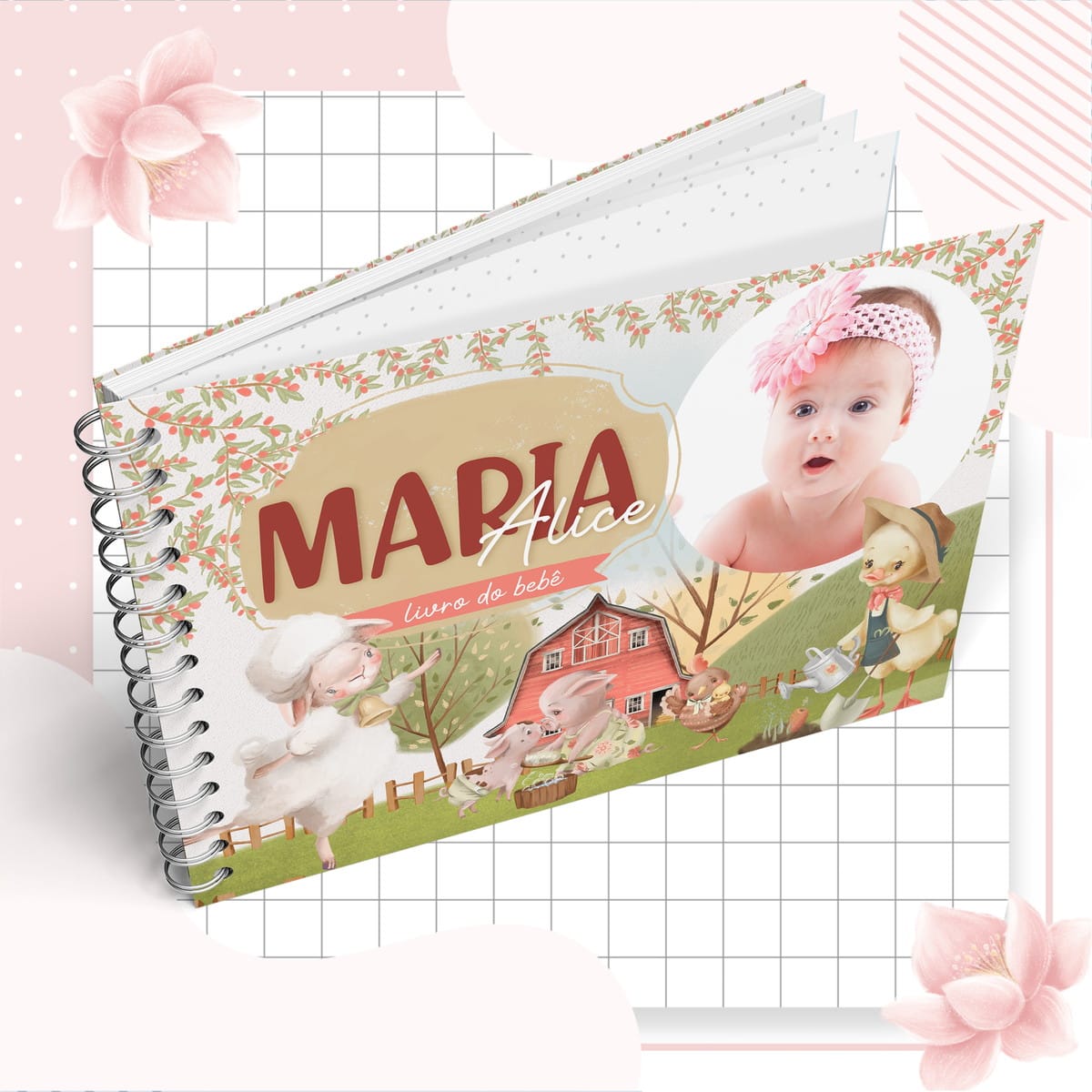 Kit Maternidade Digital com 53 Temas Aquarela para Imprimir 3 Capa de livro de bebê personalizada com ilustração de fazenda e foto infantil