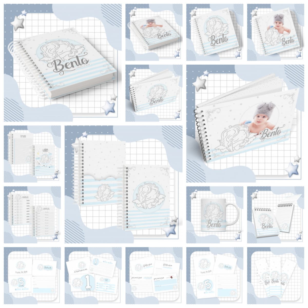 Kit Maternidade Digital com 53 Temas Aquarela para Imprimir 4 Coleção de itens personalizados em tons de azul com tema infantil.