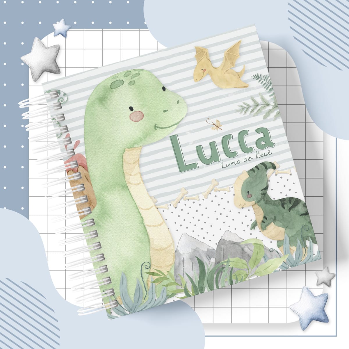 Kit Maternidade Digital com 53 Temas Aquarela para Imprimir 1 Capa de caderno infantil com ilustrações em aquarela de dinossauros e folhagens.
