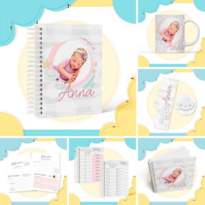Produtos personalizados com foto de bebê, elementos em tons pastéis e nuvens decorativas suaves.