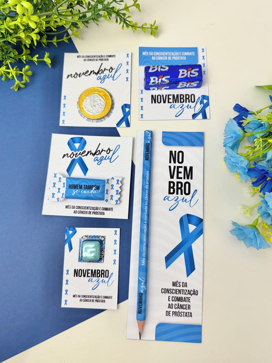 Kit Mimos Novembro Azul 2025 Arte Digital em Alta Resolução 1 Cartões e brindes personalizados com o tema de conscientização sobre o câncer de próstata.