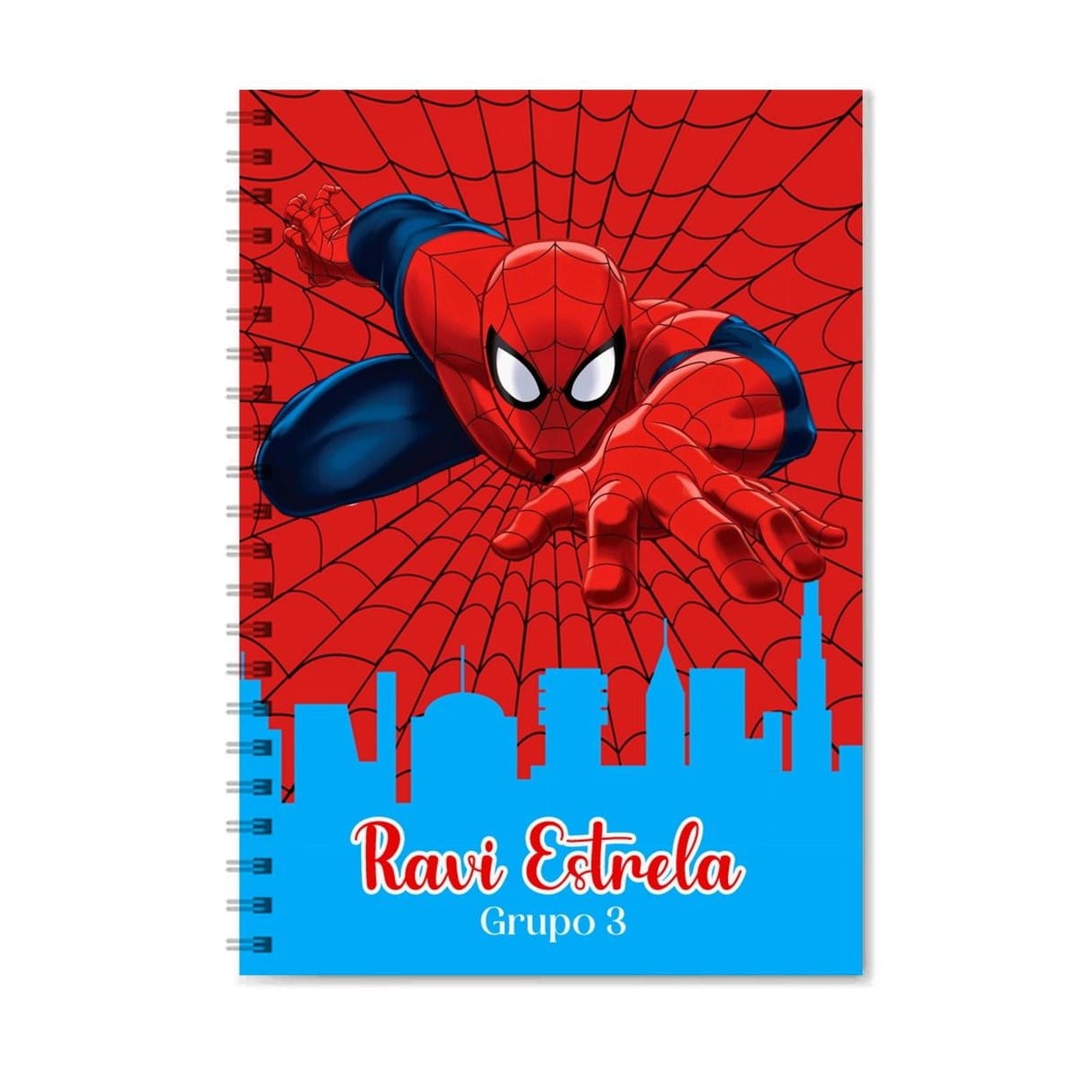 Kit Mix Escolar 2025 Arquivos para Encadernação 2 Arte digital de super-herói em traje vermelho e azul, teia e silhueta de cidade.