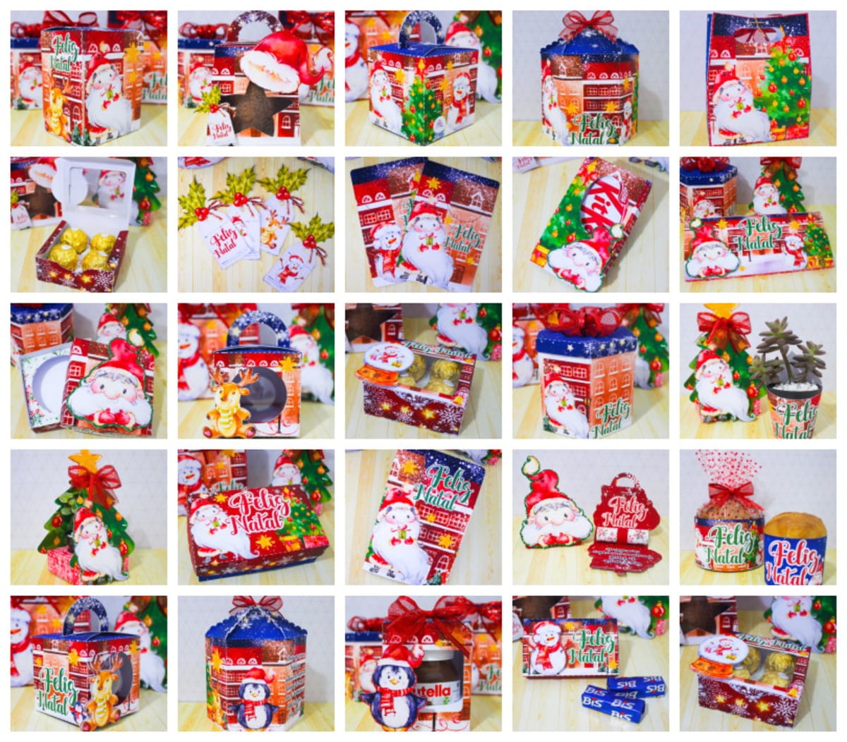 Kit Natal Aquarela Digital com Embalagens para Doces 1 Coleção de itens decorativos e caixas temáticas de natal em várias disposições sobre madeira.