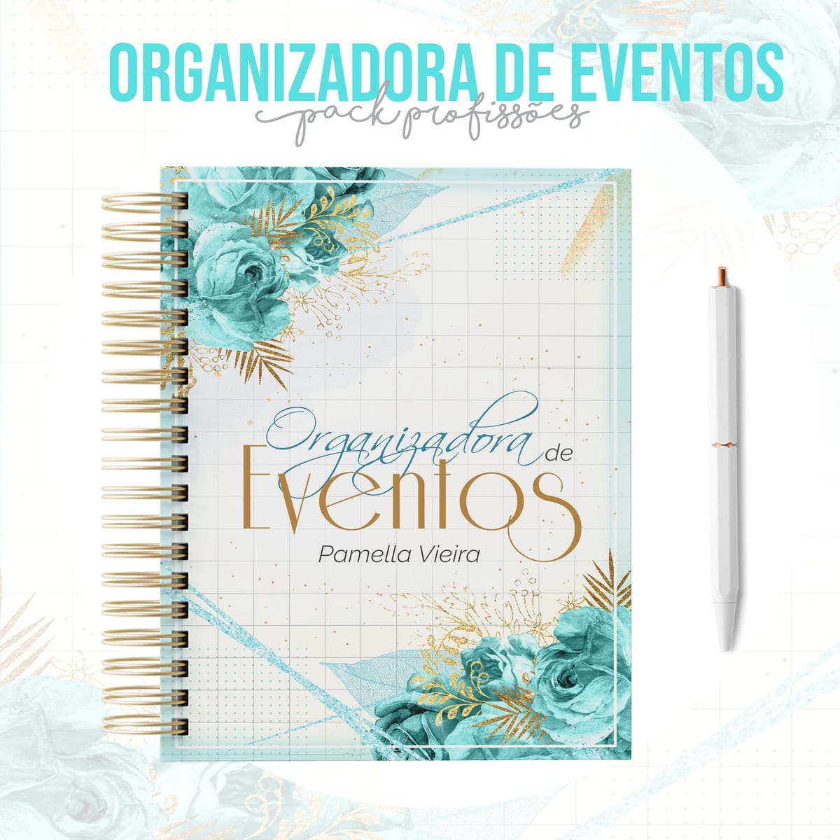 Kit Organizadora de Eventos Digital Papelaria Personalizada 2 Capa de agenda espiral com estampa floral azul e detalhes dourados ao lado de uma caneta branca.