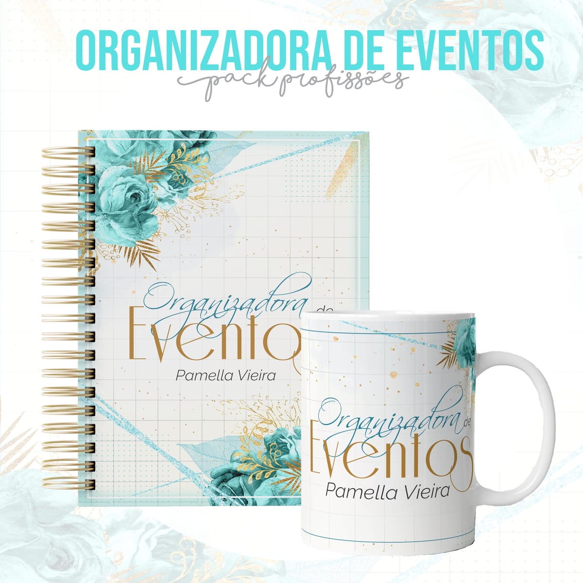Kit Organizadora de Eventos Digital Papelaria Personalizada 3 Caderno espiralado e caneca branca com estampa floral e escrita em azul e dourado.