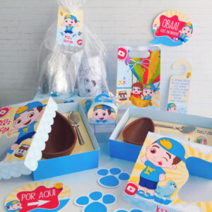 Kit de Páscoa infantil personalizado com caixas de ovos de chocolate e guloseimas.