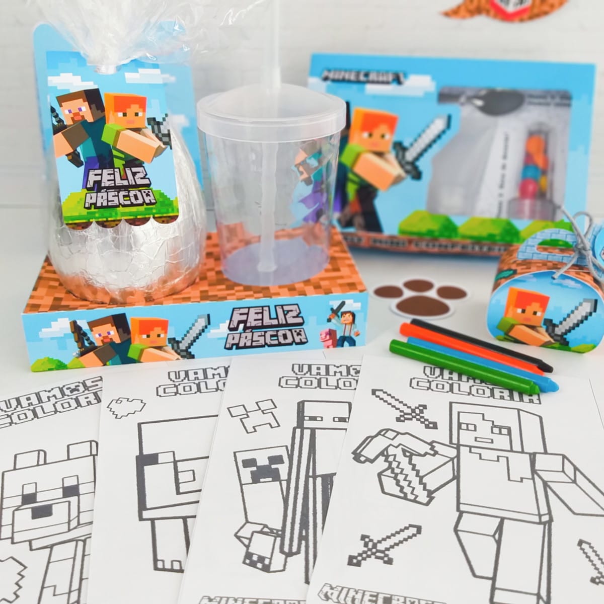 Kit Páscoa Minecraft Arquivo Digital para Confeiteiros 2 Kit de festa com tema pixelado incluindo embalagens, copo e desenhos para colorir.