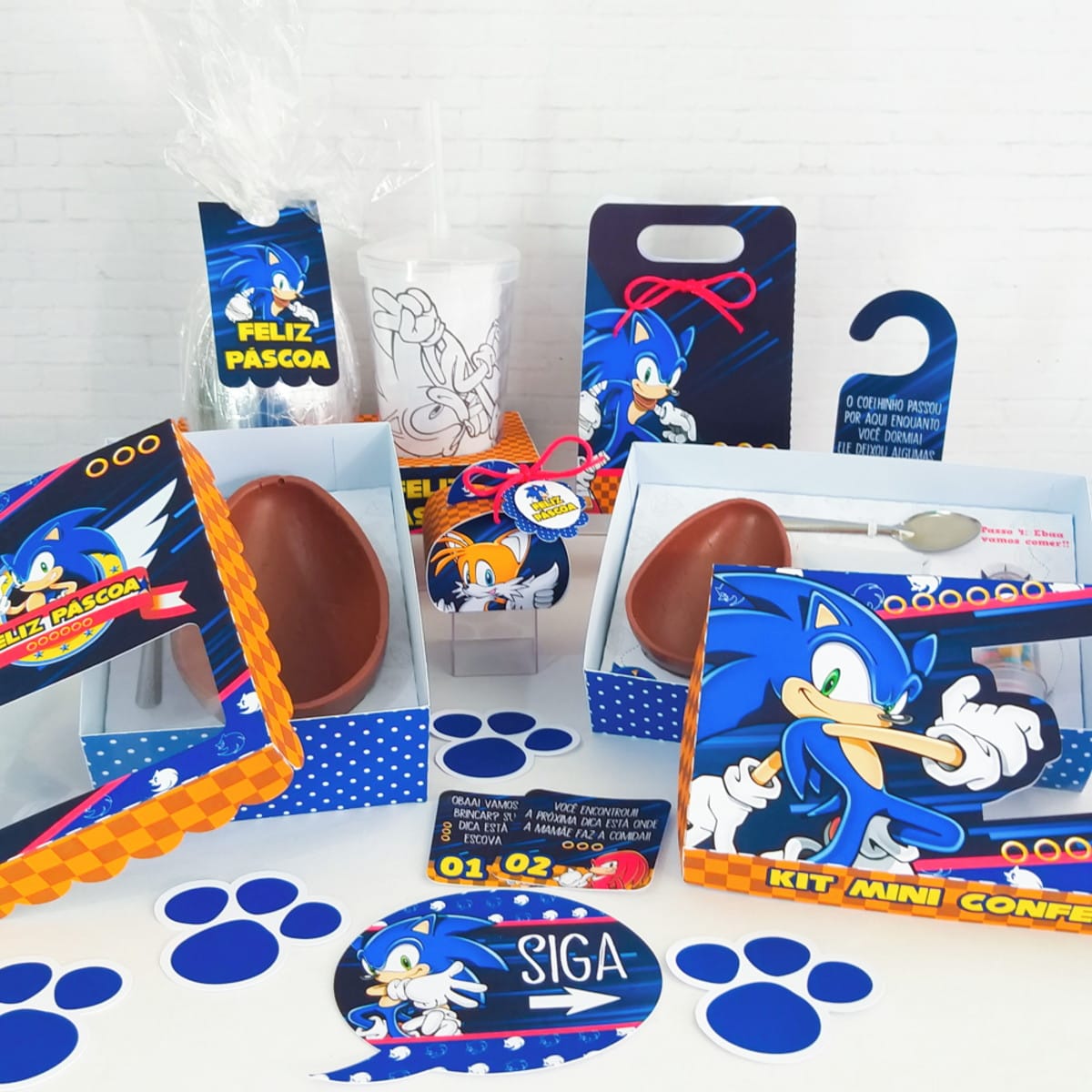 Arquivo Digital Kit Páscoa Sonic para Confeiteiros 1 Design de Páscoa com Sonic e amigos em diversos itens de festa.