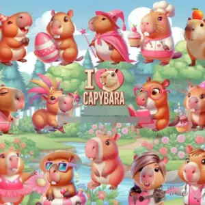 Kit PNG Capivara Rosa para Scrapbooking e Cartonagem Criativa