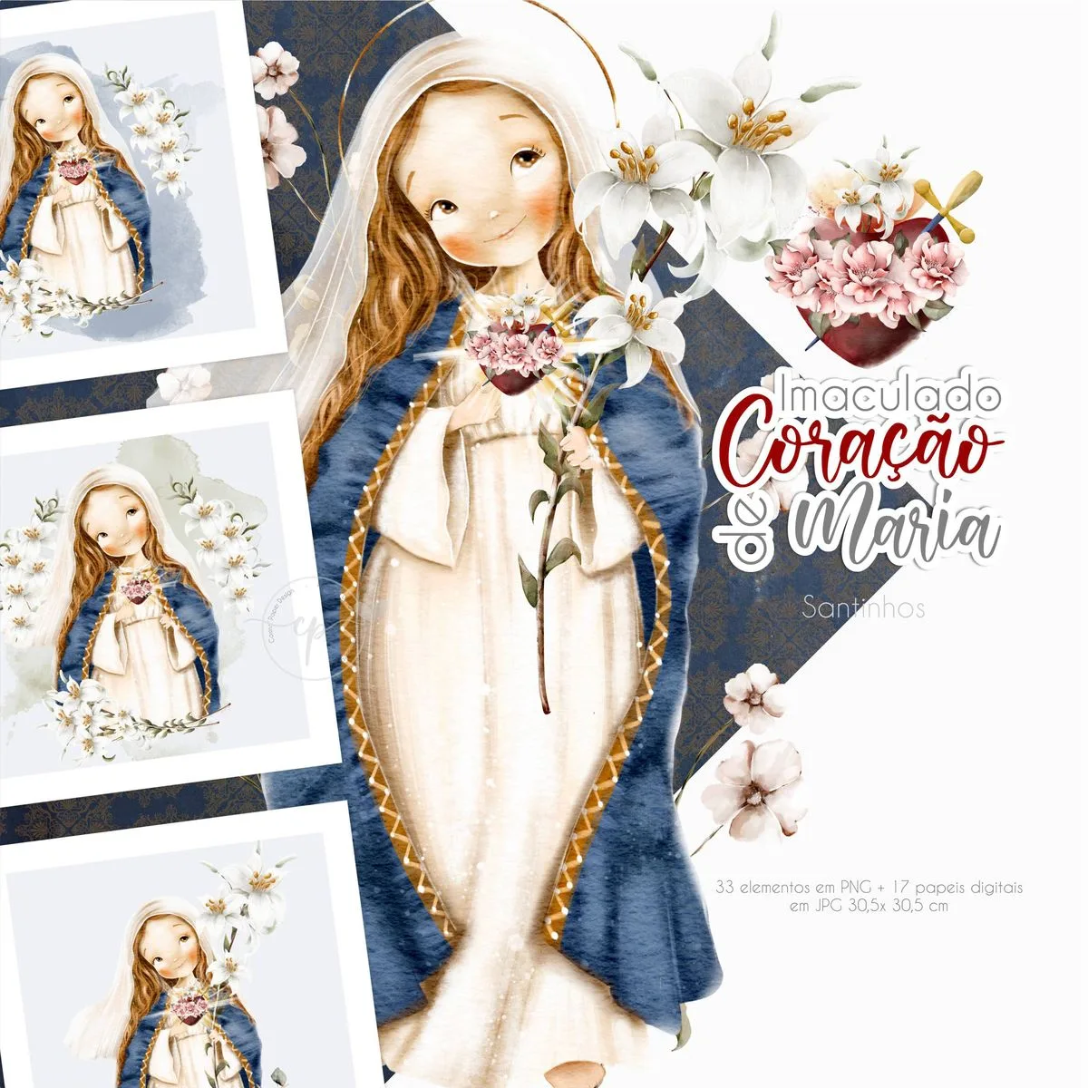 Kit Santinhos Imaculado Coração de Maria Digital Ilustrações 5 Kit Santinhos Imaculado Coração de Maria Digital Ilustrações