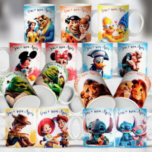 Kit Sublimação Dia dos Namorados com Personagens 7 Coleção de canecas brancas estampadas com casais de personagens de desenhos animados.
