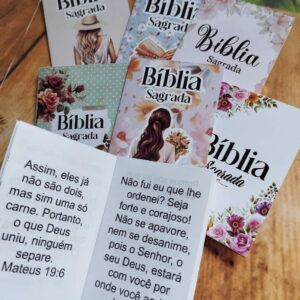 Miniaturas de 'Bíblia Sagrada' com capas variadas e versículos bíblicos abertos.