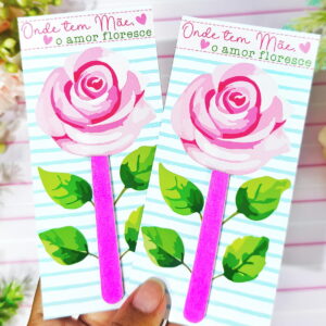 Dois cartões impressos com estampa de rosa rosa e texto decorativo.