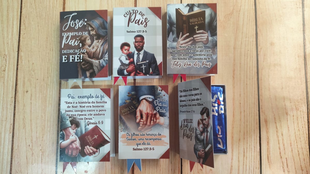 Lembrancinhas Dia dos Pais Religiosas PNG e PDF 1 Cartões religiosos digitais para o Dia dos Pais com ilustrações de pais e filhos.
