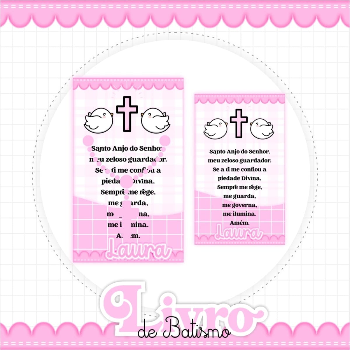 Álbum de Batizado Menina Arquivo Digital para Editar 3 Duas artes digitais de cartões de oração com Anjo da Guarda, cruz e pombas, em rosa.