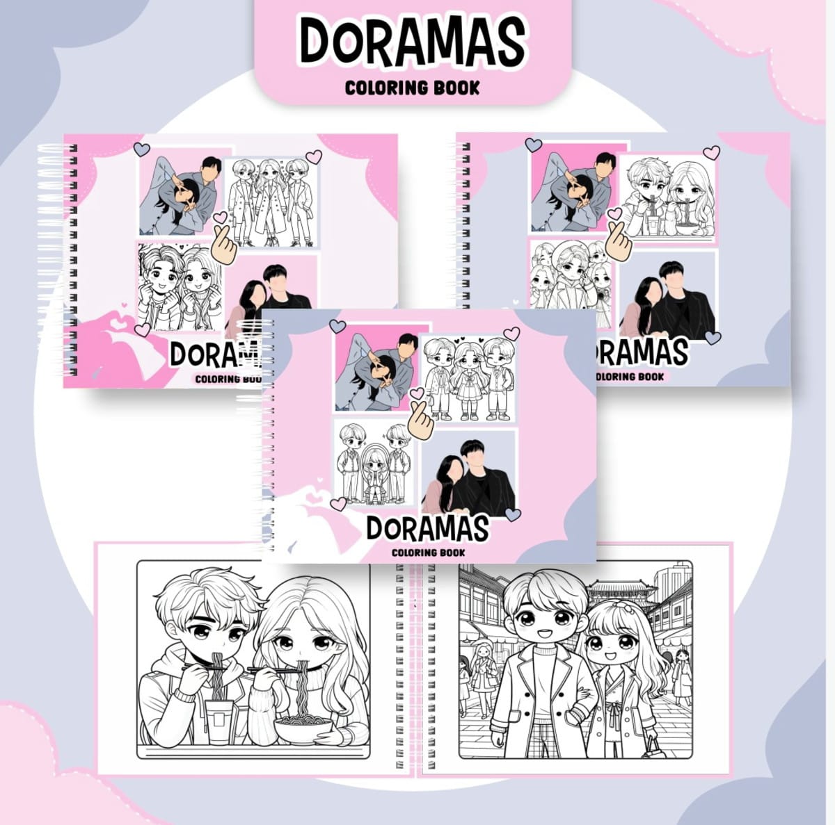 Livro de Colorir Doramas Digital com 51 Paginas 1 Apresentação de livros de colorir com capas temáticas e desenhos de casais