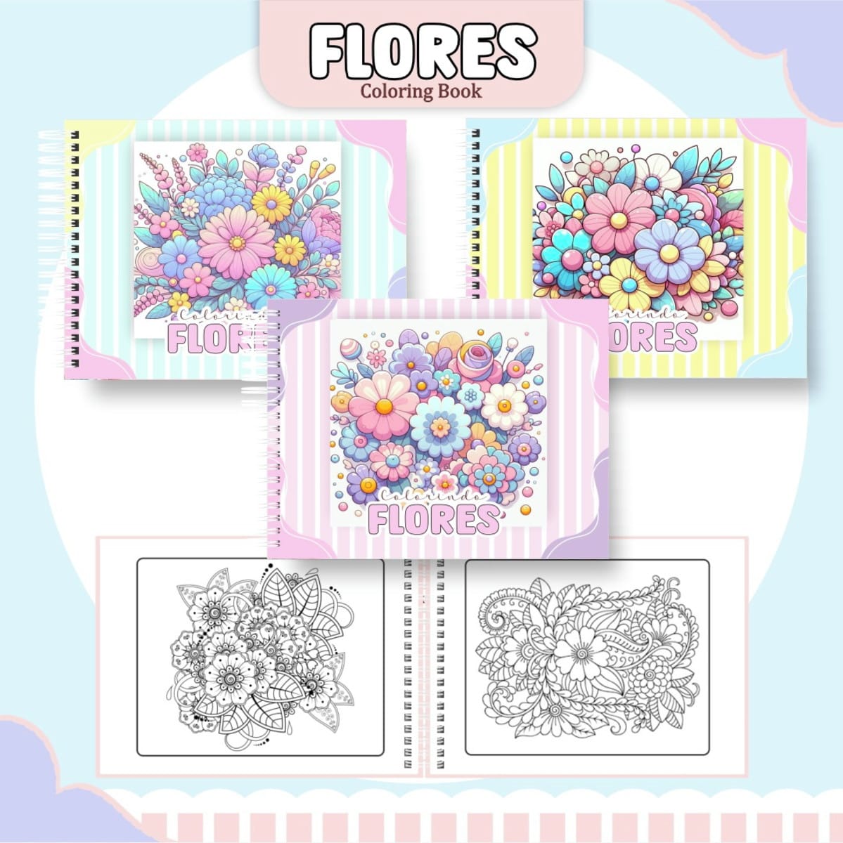 Livro de Colorir Flores Digital 51 Páginas e Capas PDF 1 Livros de colorir apresentando ilustrações coloridas e em preto e branco de buquês florais.
