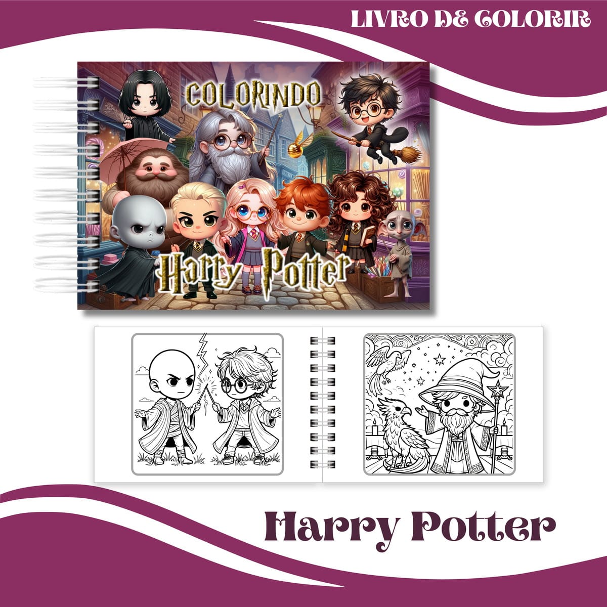 Livro de Colorir Harry Potter Digital em PDF e PNG 1 Livro de colorir espiralado com personagens estilo chibi coloridos e paginas para pintar em preto e branco