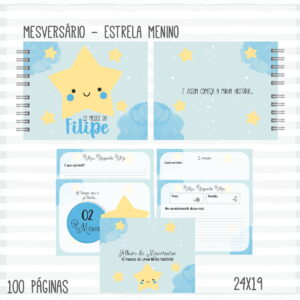 Livro de Mêsversário Menino Estrela Arquivo Digital 6 Arte digital de álbum infantil azul com estrela sorridente, nuvens e estrelas amarelas.