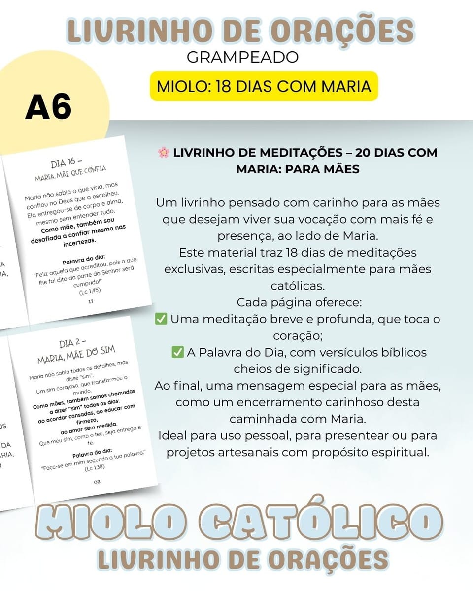 Livro de Orações 18 Dias com Maria para Encadernação 2 Divulgação de livrinho de orações e meditações católicas com textos explicativos.