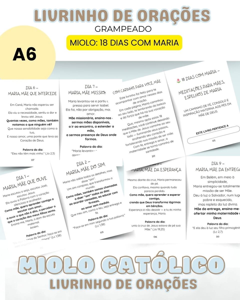 Livro de Orações 18 Dias com Maria para Encadernação 1 Arte digital de livrinho de orações católicas com páginas em formato A6.