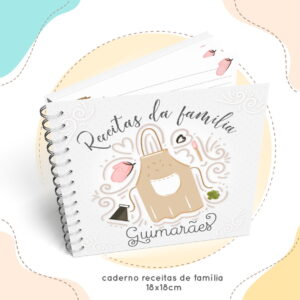 Caderno de receitas espiral com capa ilustrada contendo avental e desenhos culinários coloridos