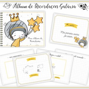 Arte digital de um álbum de recordações com tema de galáxia e ilustrações infantis.