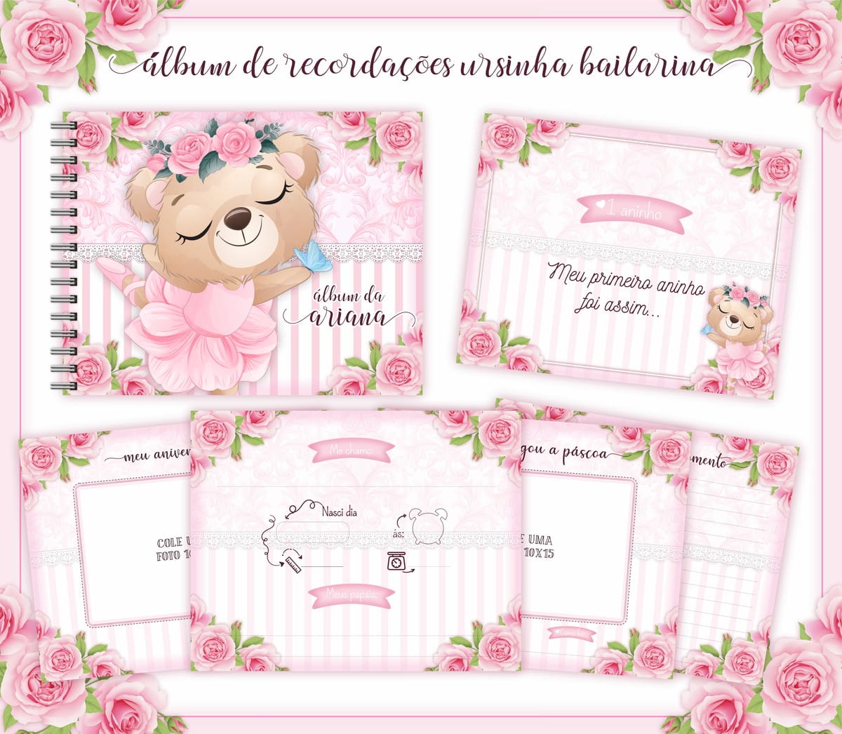 Livro de Recordações Bebê Ursinha Bailarina em PDF 1 Arte digital de álbum com tema de ursinha bailarina em tons rosa.