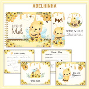 Livro do Bebê Abelhinha Linda Arquivo Digital Personalizável 12 Coleção de artes digitais com tema de abelhinha e girassóis para álbum de bebê.