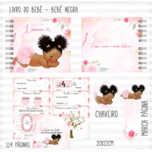 Arte digital para livro do bebê com tema rosa e ilustração infantil.
