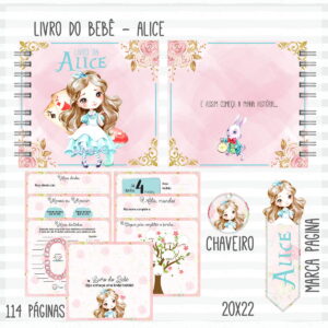 Kit Digital Livro do Bebê Alice Rosa Personalizável 13 Kit de arte digital para livro do bebê com ilustrações de uma menina, coelho e flores.