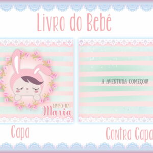 Livro do Bebê Angelitas Digital para Editar e Imprimir 9 Arte digital de livro de bebê com capa e contracapa, ilustração de coelho e flores.