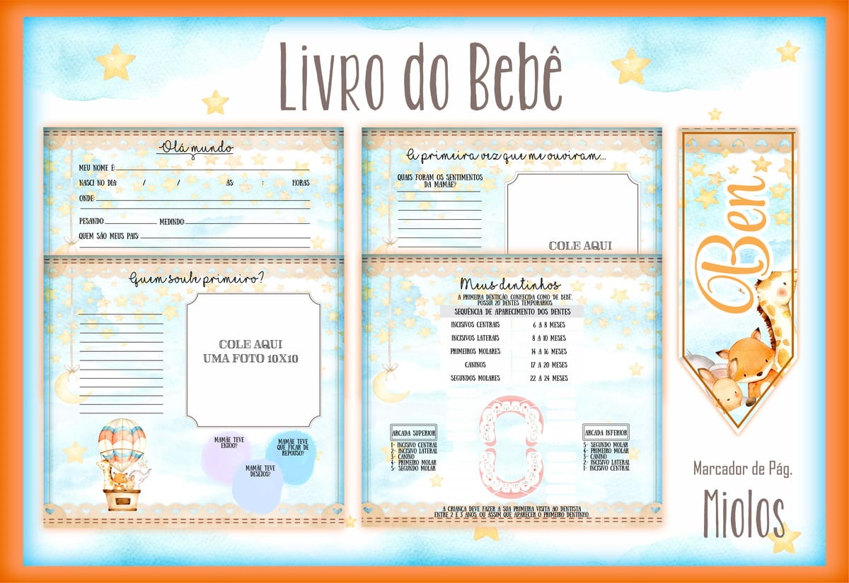 Livro do Bebê Animais Baloeiros II Arquivo Digital Editável 2 Arte digital de livro do bebê com páginas para registrar marcos e memórias.