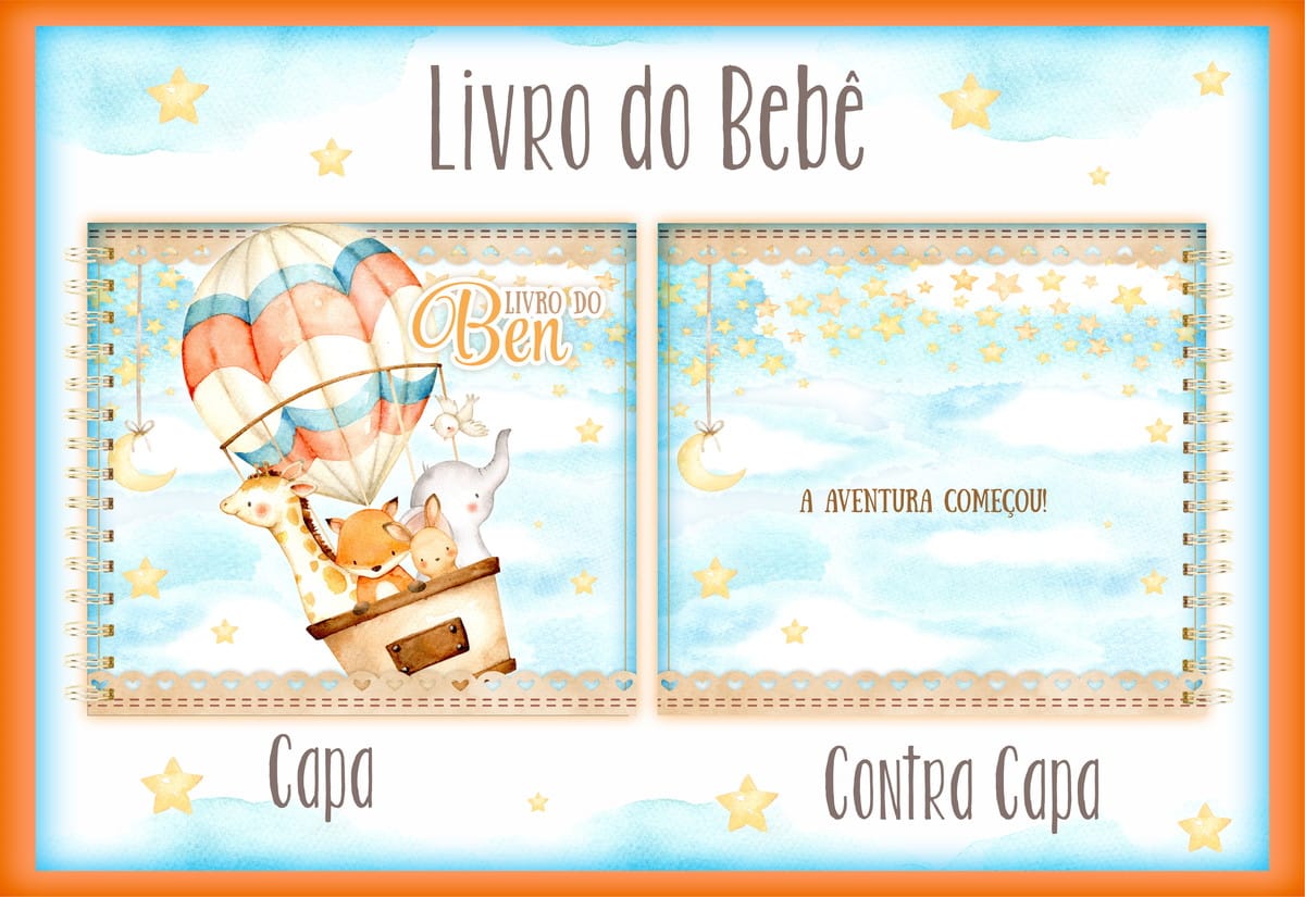 Livro do Bebê Animais Baloeiros II Arquivo Digital Editável 1 Arte digital de capa e contracapa de livro do bebê com balão, animais fofos e estrelas.