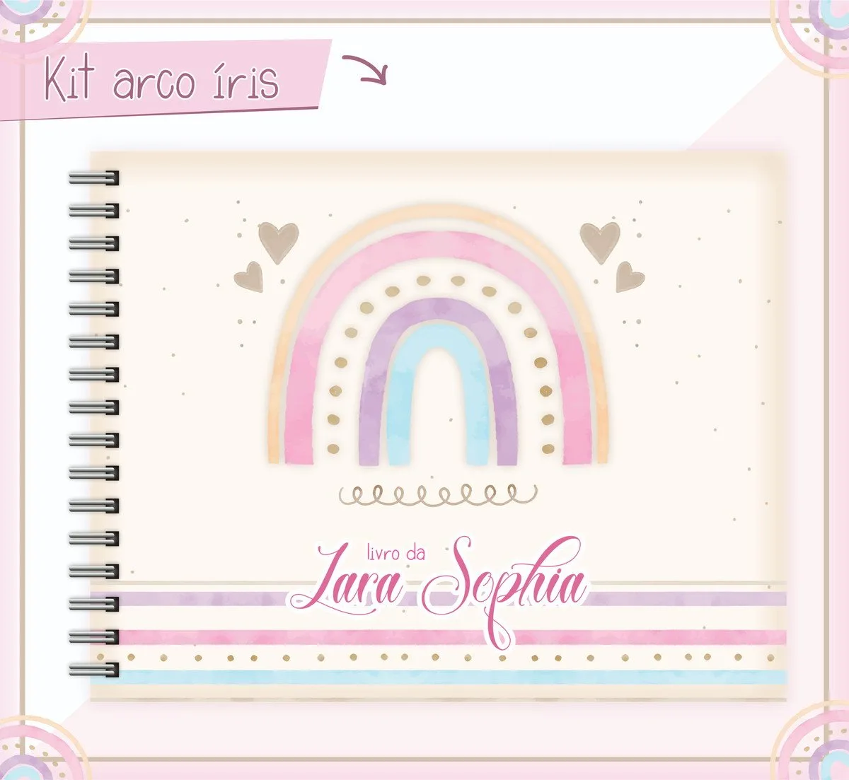 Livro Do Bebê Arco Íris 2 Caderno espiral com ilustração de arco-íris pastel, corações e detalhes em aquarela suave.