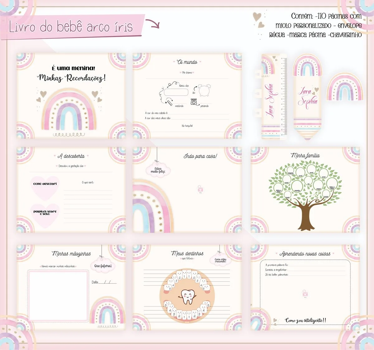 Livro Do Bebê Arco Íris 3 Conjunto de páginas de álbum para bebê com ilustrações de arco-íris em tons pastéis.