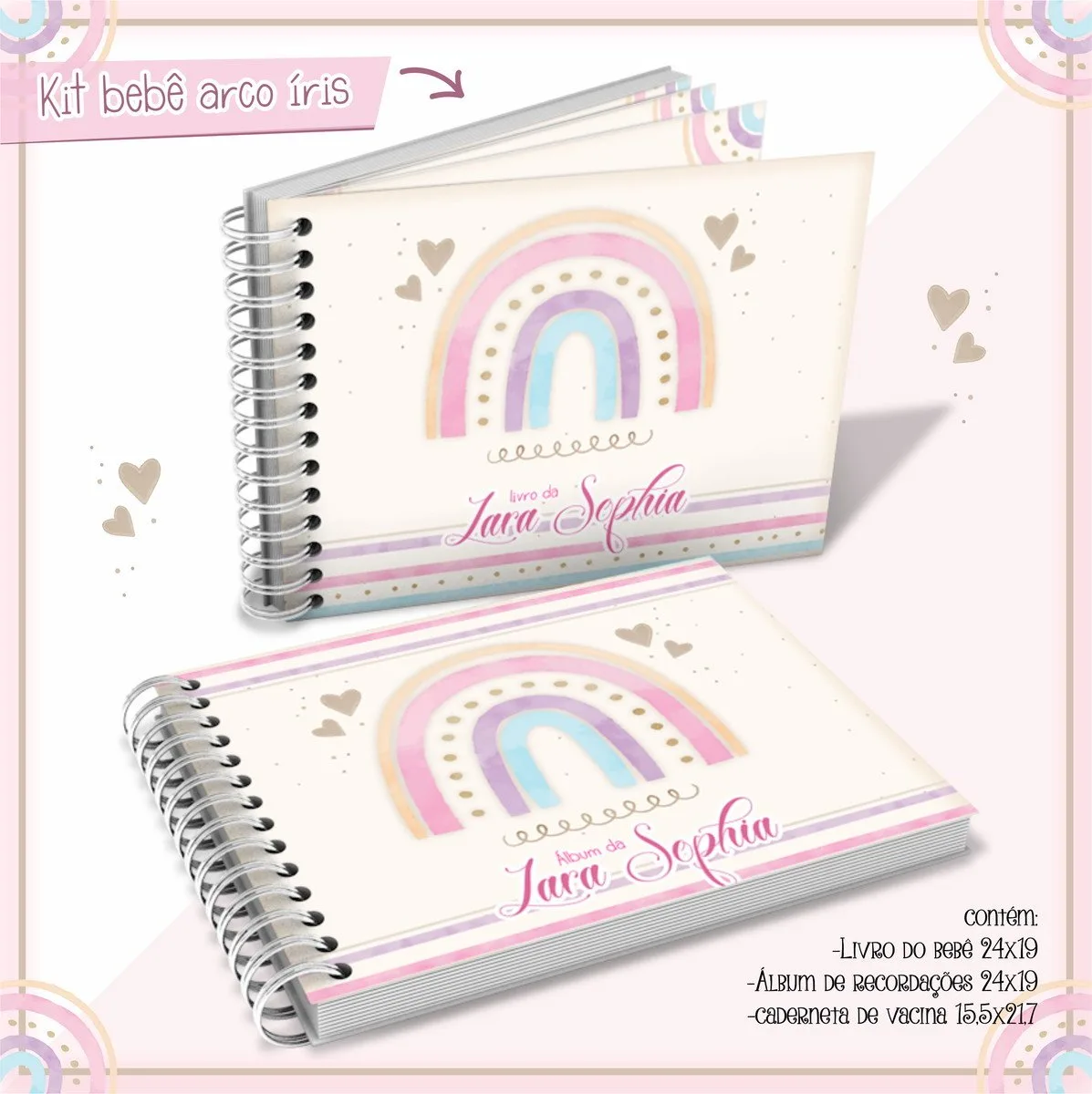 Livro Do Bebê Arco Íris 1 Dois cadernos espiralados personalizados com ilustração de arco-íris em tons pastéis suaves.