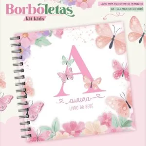 Livro do Bebê Borboleta 18x18 10 Capa de livro de bebê personalizada com borboletas e letras rosa.