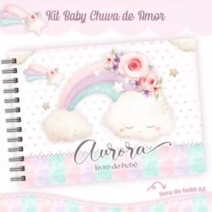 Livro do Bebê Chuva de Amor 7 Capa de caderno com ilustração de nuvem, arco-íris, flores e estrelas.