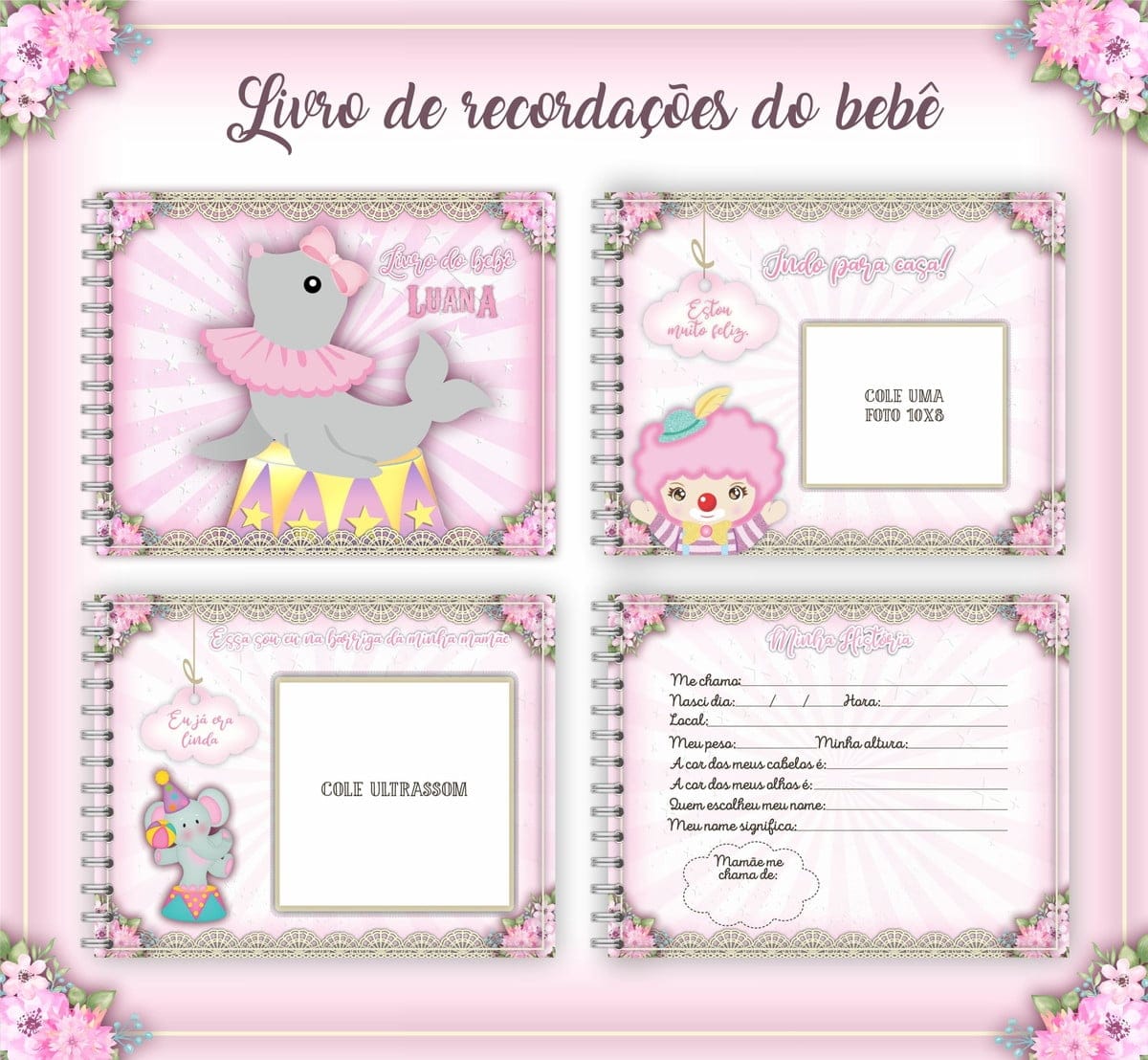 Livro do Bebê Circo Menina Arquivo Digital para Imprimir 2 Arte digital: quatro páginas de um livro de recordações de bebê com tema de circo rosa.