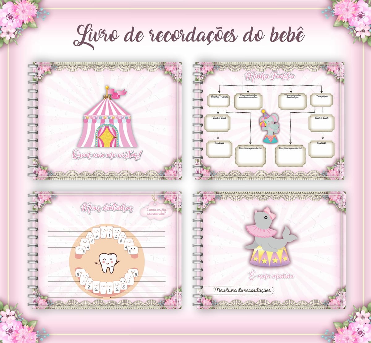 Livro do Bebê Circo Menina Arquivo Digital para Imprimir 3 Arte digital de livro de recordações do bebê com páginas de circo rosa.