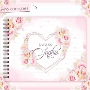 Livro Do Bebê Corações 10 Capa de caderno espiral decorada com rosas e um coração geométrico desenhado.