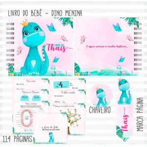 Apresentação de arte digital com tema de dinossauro fofo para menina em tons cor de rosa