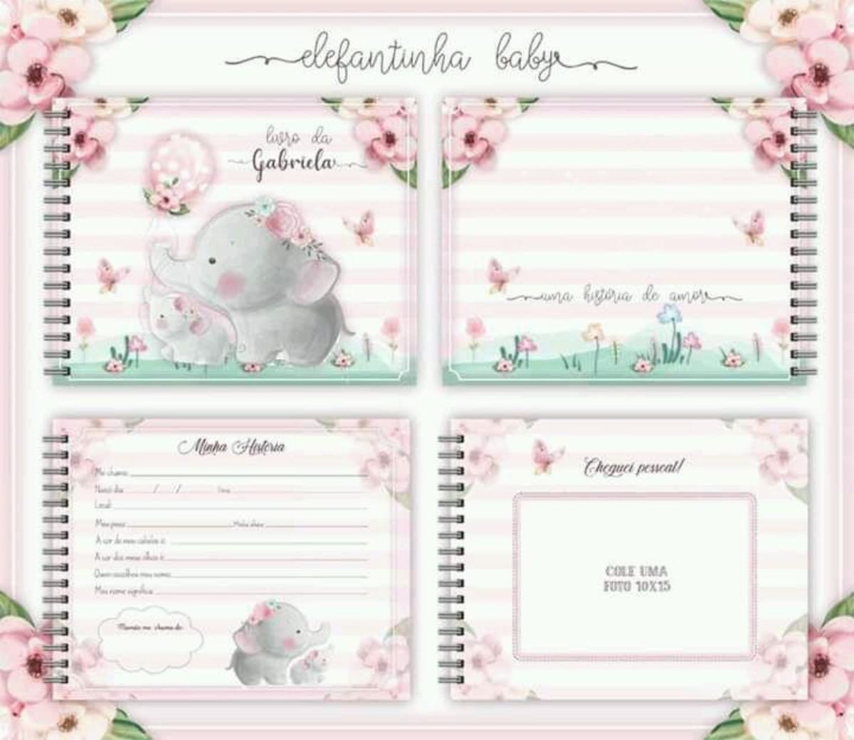 Livro do Bebê Elefantinha e Caderneta de Vacina em PDF 2 Cadernos personalizados com tema de elefantinha rosa e flores delicadas