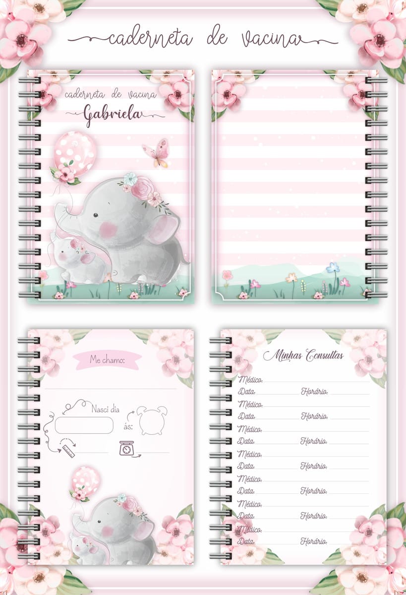 Livro do Bebê Elefantinha e Caderneta de Vacina em PDF 3 Caderneta infantil com tema de elefantes e flores em tons rosa.