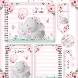 Aquarela de elefantinhas bebês com flores cor de rosa e listras brancas e rosadas.
