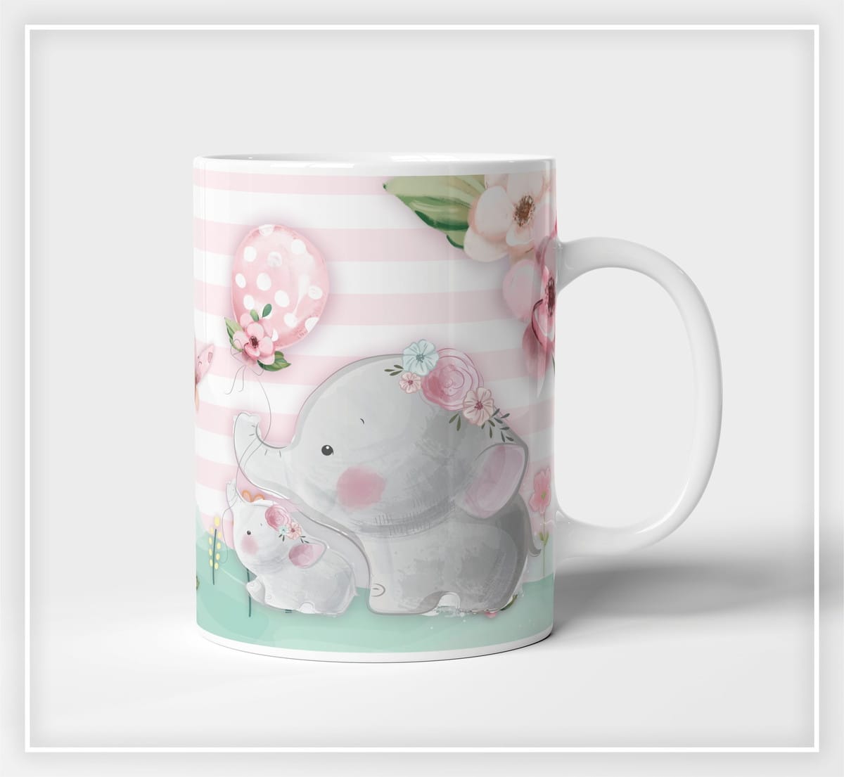 Livro do Bebê Elefantinha e Caderneta de Vacina em PDF 4 Caneca branca estampada com desenho de elefantes e flores em aquarela.