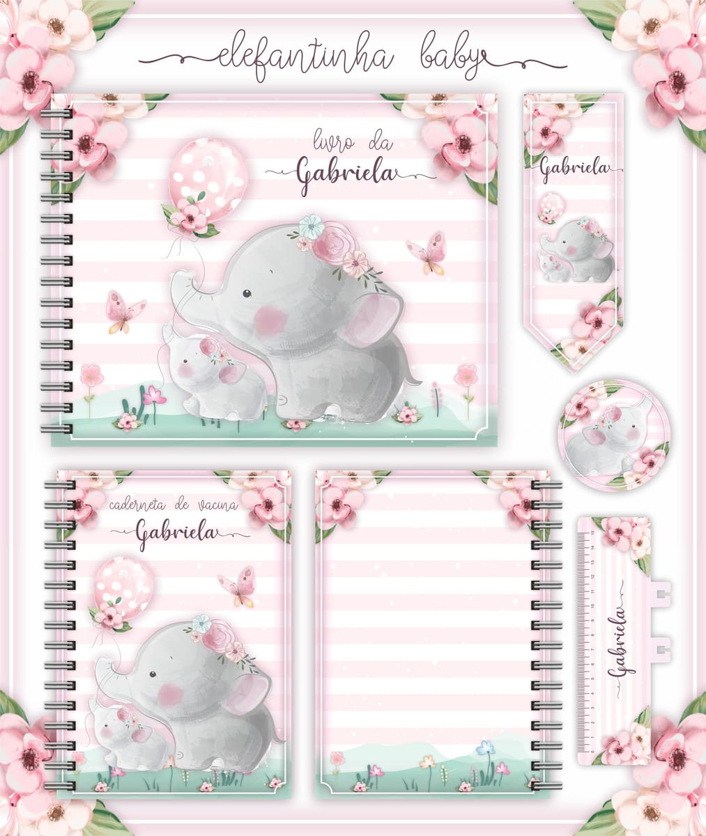 Livro do Bebê Elefantinha e Caderneta de Vacina em PDF 1 Aquarela de elefantinhas bebês com flores cor de rosa e listras brancas e rosadas.