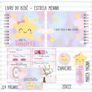 Arte digital de livro de bebê com tema de estrela e nuvens.