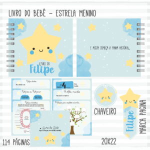Livro do Bebê Menino com Tema Estrela em Aquarela 22 Arte digital de um livro do bebê com tema de estrela, nuvens azuis e um nome personalizado.